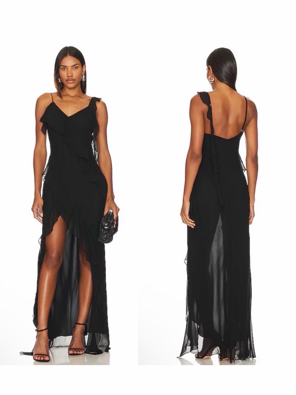 Amanda Uprichard Black High-Low Ruffle silk Maxi Dress size small